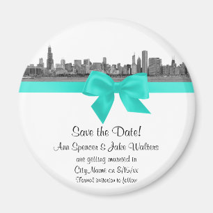 Chicago Skyline Etched BW Aqua Save the Date R Magnet