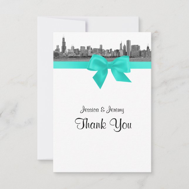 Chicago Skyline Etched BW Aqua Vielen Dank Dankeskarte (Vorderseite)