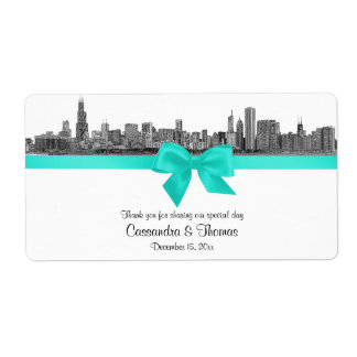 Chicago Skyline Etched BW Aqua Wine Label H