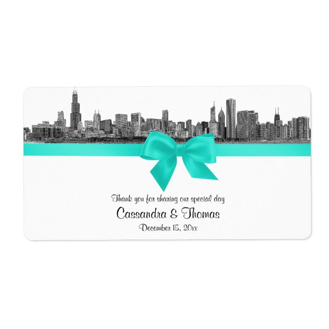 Chicago Skyline Etched BW Aqua Wine Label H (Vorne)