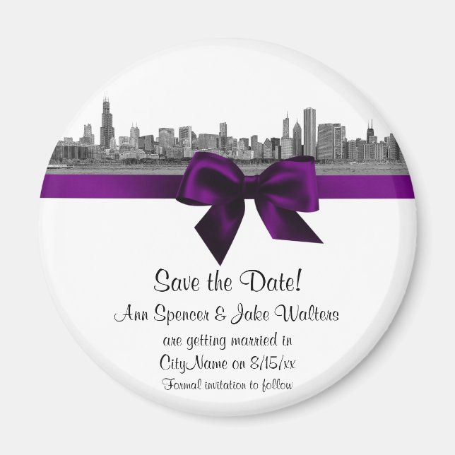 Chicago Skyline Etched BW Lila Save the Date R Magnet (Vorne)