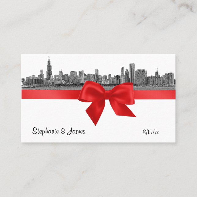 Chicago Skyline Etched BW Red Escort Cards Platzkarte (Vorderseite)