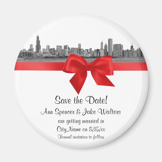 Chicago Skyline Etched BW Red Save the Date R Magnet (Vorne)