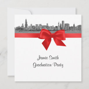 Chicago Skyline Etched BW Red SQ Graduation Party Einladung