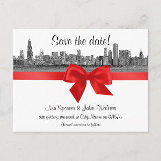 Chicago Skyline Etched BW Save the Date Red Ankündigungspostkarte
