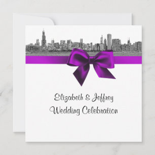 Chicago Skyline Etched BW SQ Violet Wedding Einladung