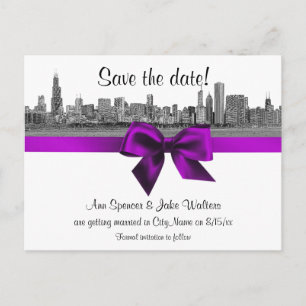 Chicago Skyline Etched BW Violet Save the Date Ankündigungspostkarte