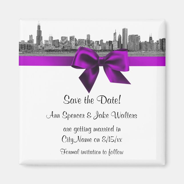 Chicago Skyline Etched BW Violet Save the Date Magnet (Vorne)