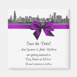Chicago Skyline Etched BW Violet Save the Date Magnet