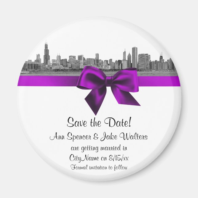 Chicago Skyline Etched BW Violet Save the Date R Magnet (Vorne)
