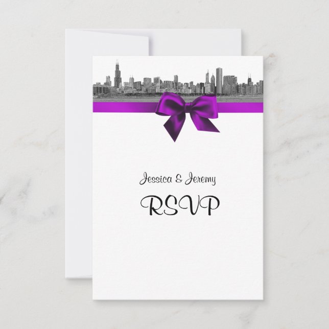 Chicago Skyline Etched BW Violet UAWG Menu RSVP Karte (Vorderseite)