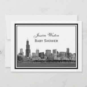 Chicago Skyline Etched Gerahmt #2 H Baby Shower Einladung
