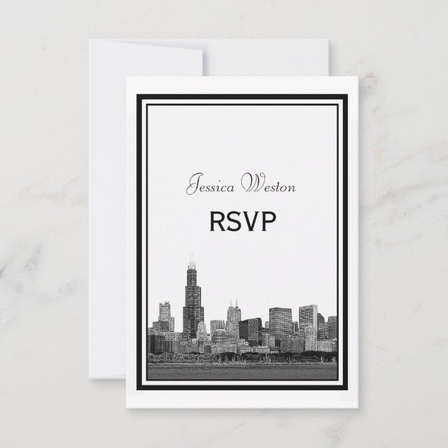 Chicago Skyline Etched Gerahmt UAWG RSVP Karte (Vorderseite)