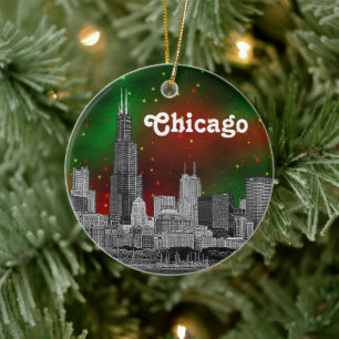 Chicago Skyline Etched, Green Red Starry Sky Xmas Keramik Ornament