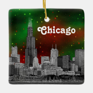 Chicago Skyline Etched, Green Red Starry Sky Xmas Keramikornament