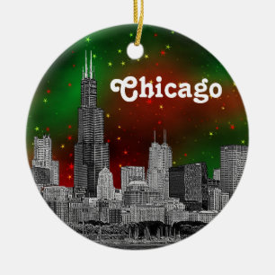 Chicago Skyline Etched, Green Red Starry Sky Xmas Keramikornament