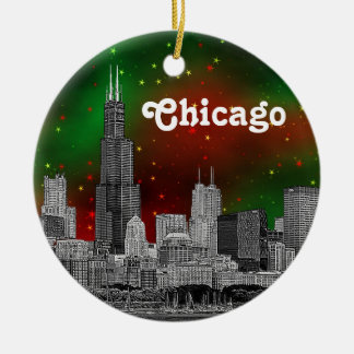 Chicago Skyline Etched, Green Red Starry Sky Xmas Keramikornament