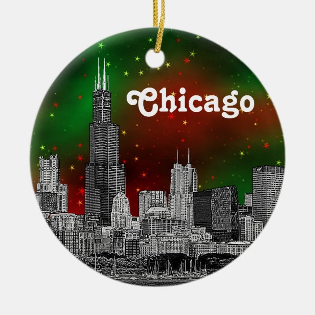 Chicago Skyline Etched, Green Red Starry Sky Xmas Keramikornament (Vorne)