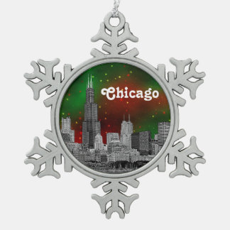 Chicago Skyline Etched, Green Red Starry Sky Xmas Schneeflocken Zinn-Ornament