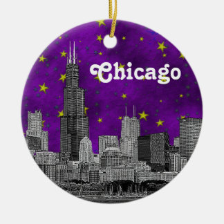 Chicago Skyline Etched, Purple Starry Keramik Ornament