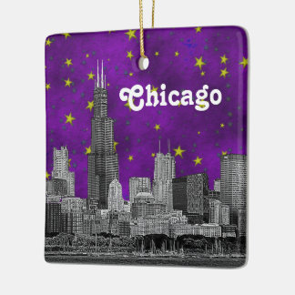 Chicago Skyline Etched, Purple Starry Keramikornament