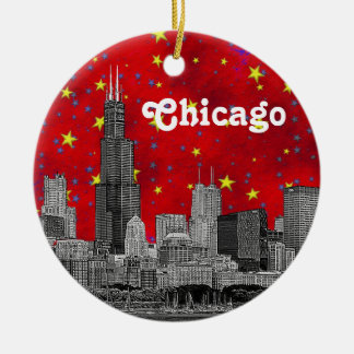 Chicago Skyline Etched, Red Starry Keramikornament