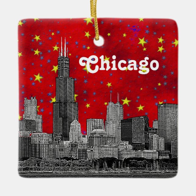 Chicago Skyline Etched, Red Starry Keramikornament (Vorderseite)
