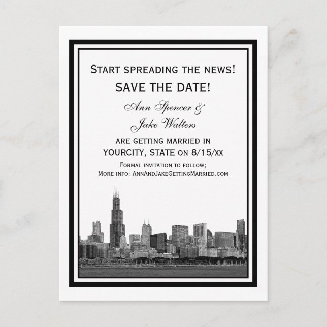 Chicago Skyline Etched Save the Date Gerahmt Ankündigungspostkarte (Vorderseite)