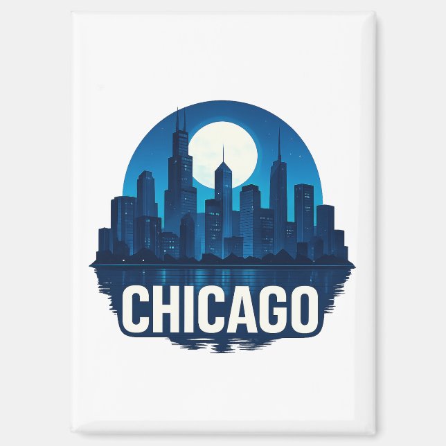 Chicago Skyline Full Moon City Design Magnet (Vorderseite)