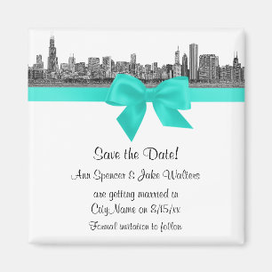Chicago Skyline geätzt BW Aqua Save-the-Date-Karte Magnet