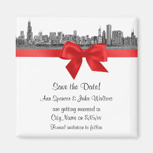 Chicago Skyline geätzt BW Rot Save-the-Date-Karte Magnet