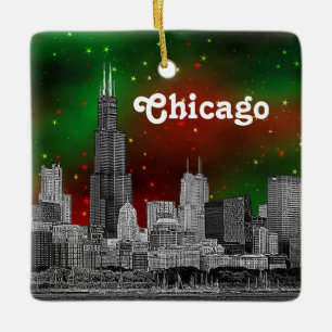 Chicago Skyline geätzt, grüner roter Sternenhimmel Keramikornament