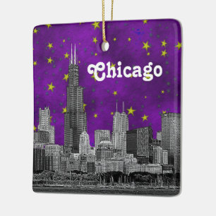 Chicago-Skyline geätzt, lila Sternenhimmel Keramikornament