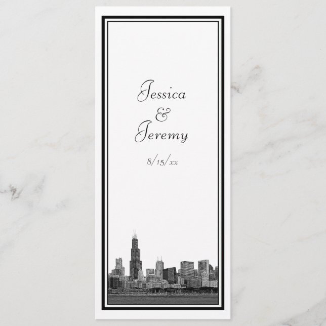 Chicago Skyline geätztes gerahmtes Hochzeitsprogra Programm (Vorderseite)