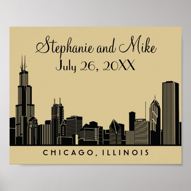 Chicago Skyline Gold Wedding Empfang Poster (Vorne)