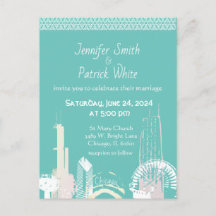 Chicago Skyline green and pastel wedding Invitati Einladungspostkarte