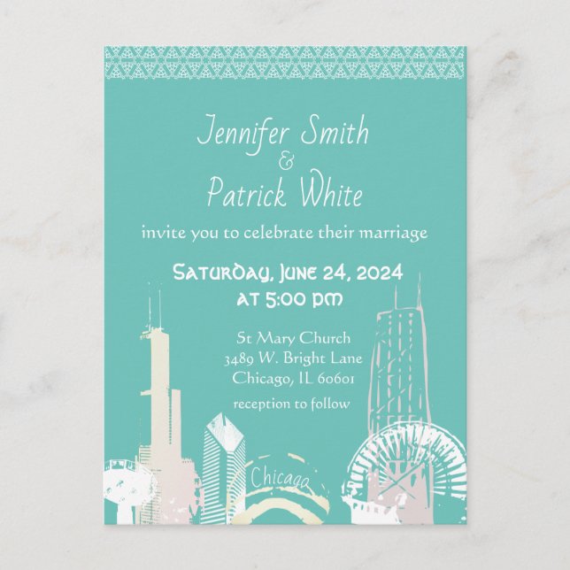 Chicago Skyline green and pastel wedding Invitati Einladungspostkarte (Vorderseite)