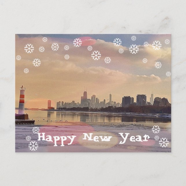 Chicago Skyline Happy New Year Postkarte (Vorderseite)