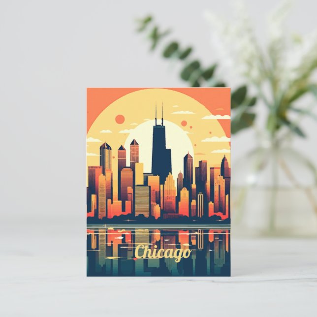 Chicago Skyline Illustration in Orange Postkarte (Stehend Vorderseite)
