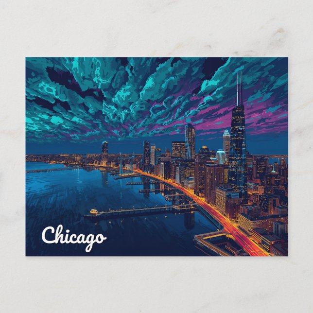 Chicago Skyline in der Dämmerung Postkarte (Vorderseite)