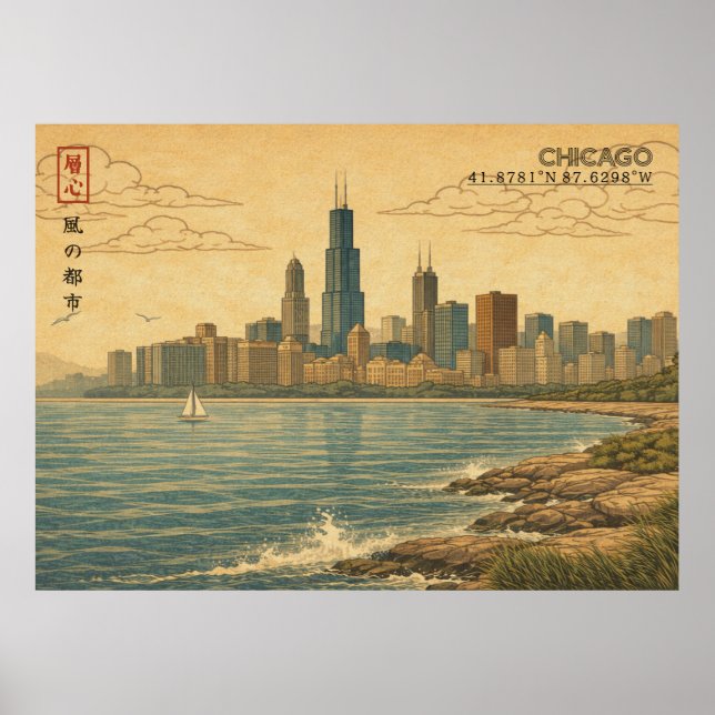 Chicago Skyline in Japanese Ukiyo-e Poster (Vorne)