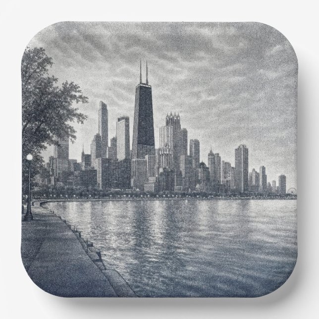 Chicago-Skyline in Pointillistischer Kunst Pappteller (Vorderseite)