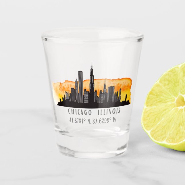 Chicago Skyline Latitude & Longitude Shot Glass Schnapsglas (Vorderseite)