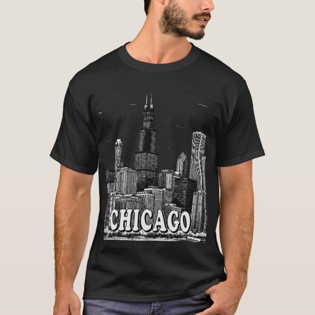 Chicago Skyline - Minimalistische Schwarz-Weiß-Sta T-Shirt (Vorderseite)