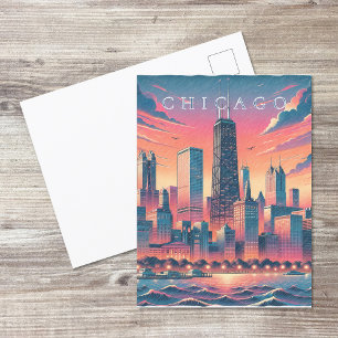 Chicago Skyline Modern Orange Blau Postkarte