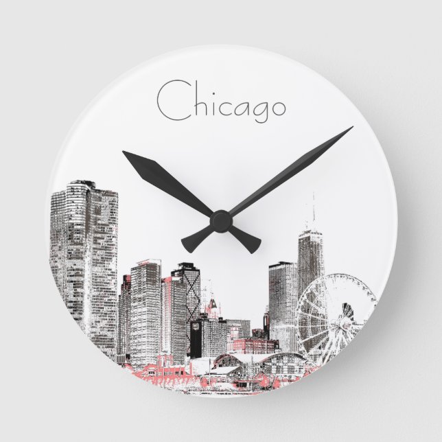 Chicago Skyline Modernes grau-rosa Design Runde Wanduhr (Vorderseite)