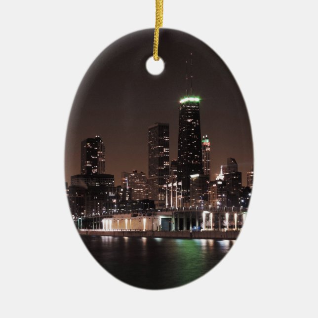 Chicago-Skyline nachts Keramik Ornament (Vorne)