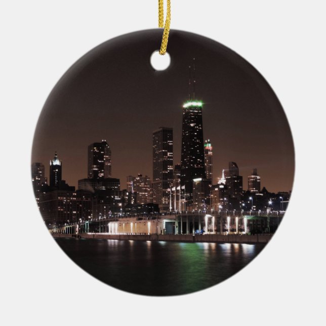Chicago-Skyline nachts Keramik Ornament (Vorne)