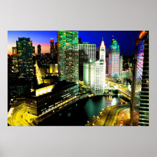 Chicago Skyline Nightime Poster