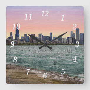 Chicago Skyline Painterly Wall Clock Quadratische Wanduhr